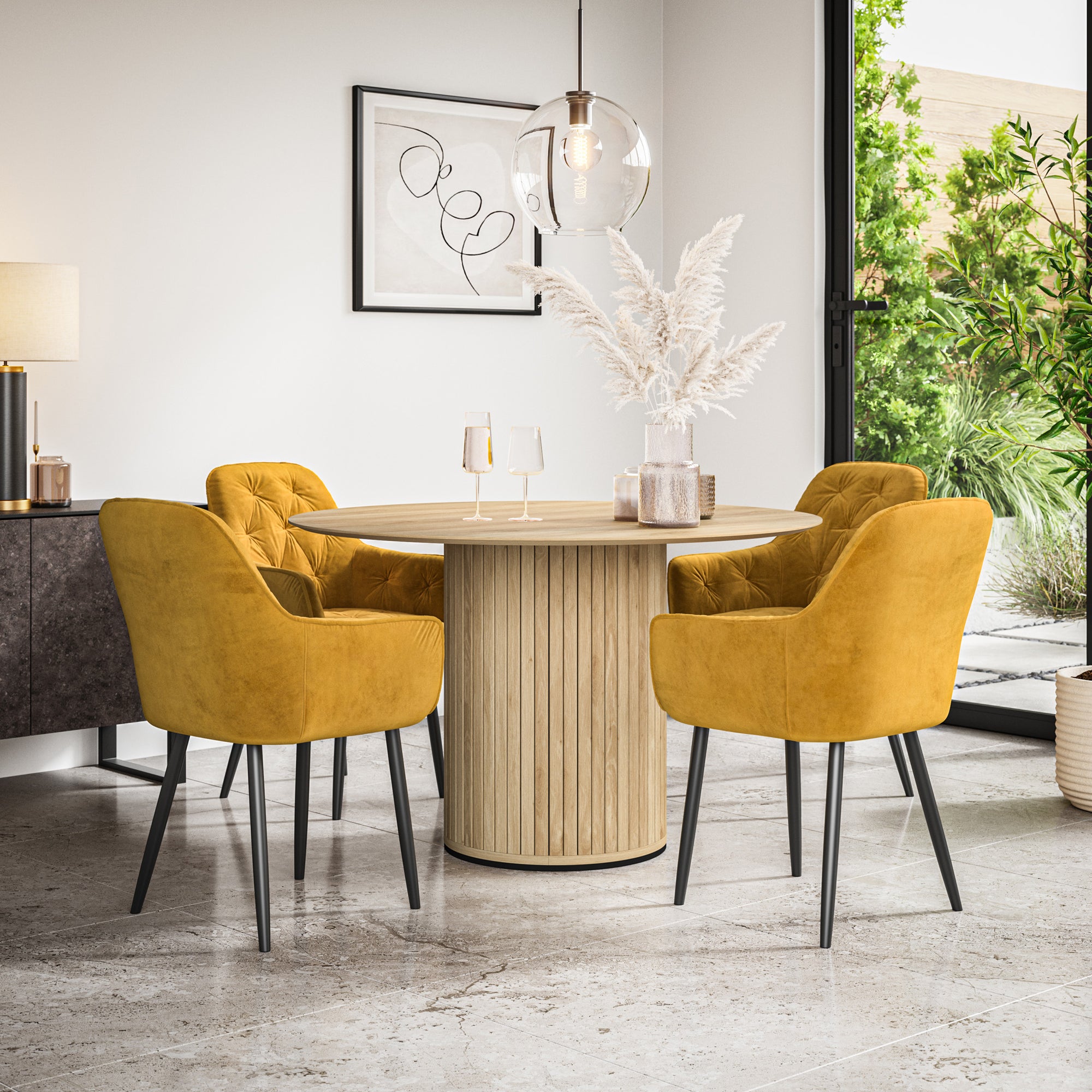 Arlo Oak Tabletop W Oak Legs + Anika Velvet Dining Chair Set