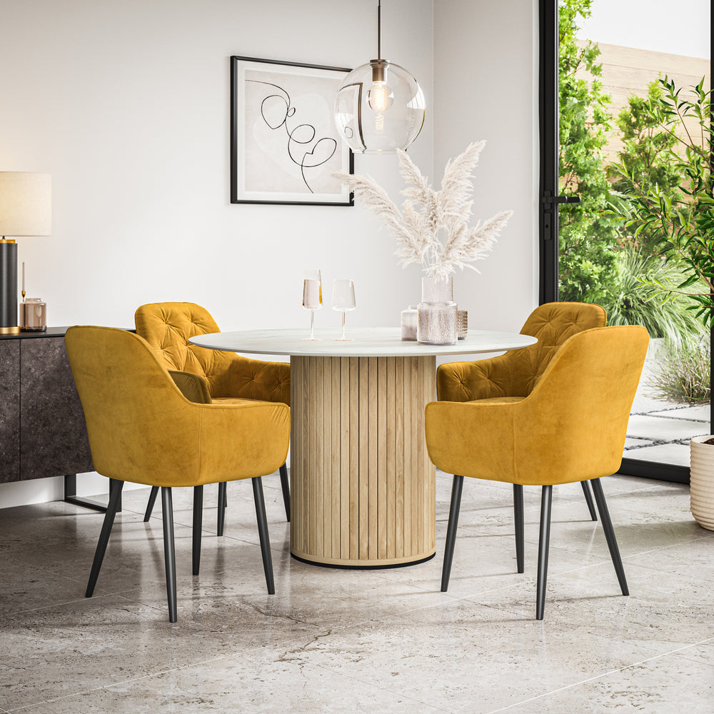 Arlo White Marble Table W Oak Legs + Anika Velvet Dining Chair Set