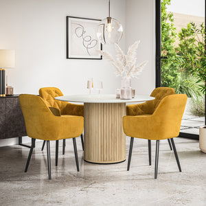 Arlo White Marble Table W Oak Legs + Anika Velvet Dining Chair Set