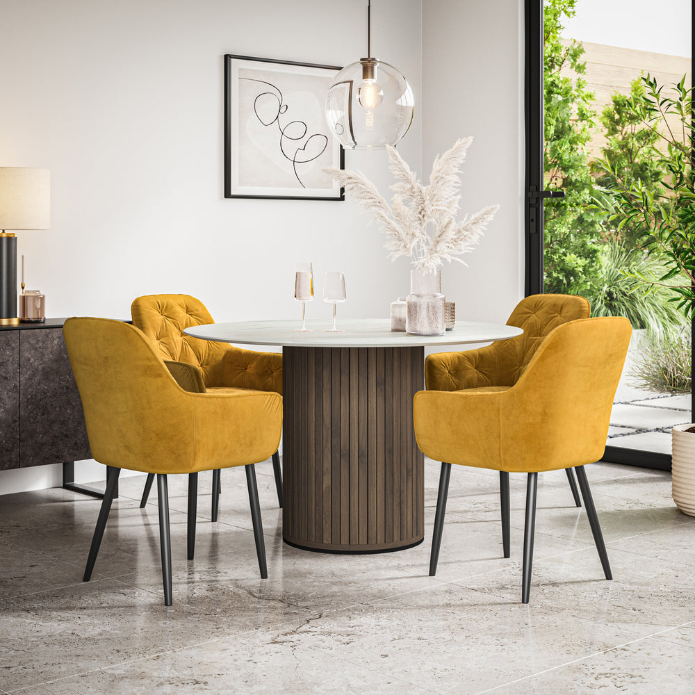 Arlo White Marble Table Top W Walnut Legs + Anika Velvet Dining Chair Set