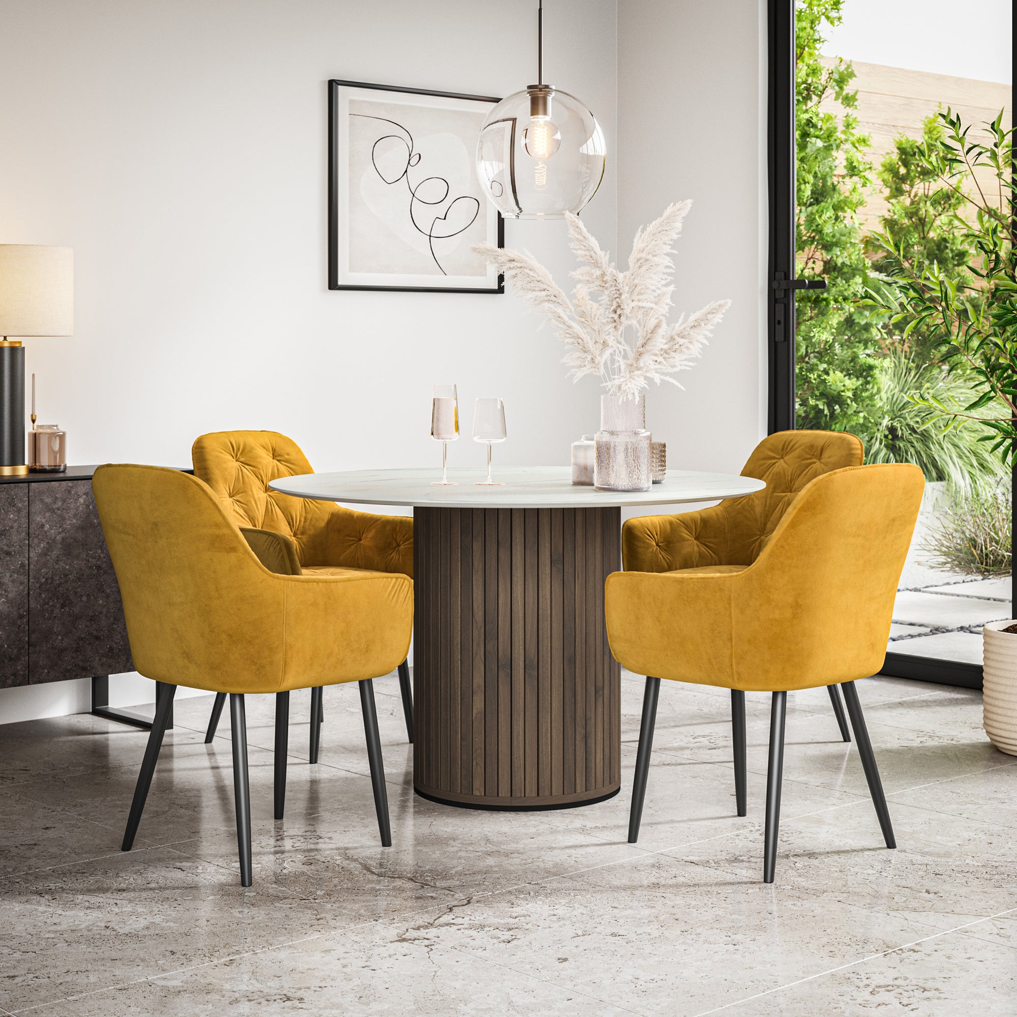 Arlo White Marble Table Top W Walnut Legs + Anika Velvet Dining Chair Set