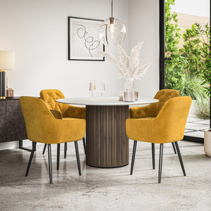 Arlo White Marble Table Top W Walnut Legs + Anika Velvet Dining Chair Set