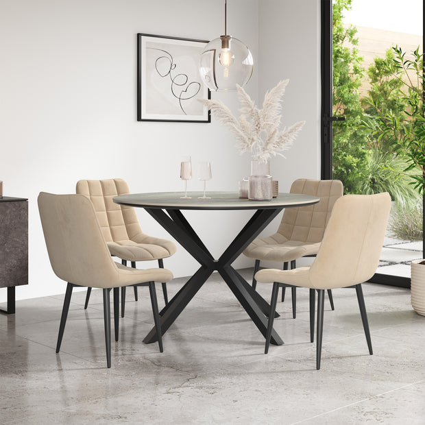 Calne Light Grey Tabletop W Black Legs + Nova Velvet Dining Chair Set