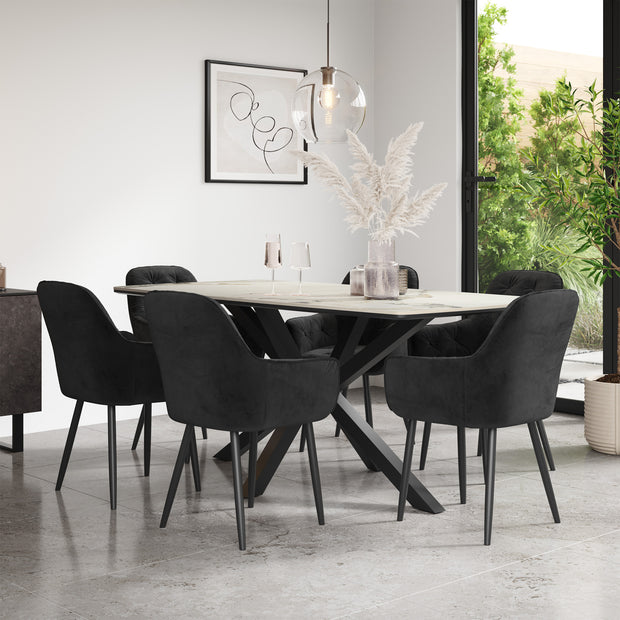 Juno Calcutta Gold Table Top W Black Legs + Anika Velvet Dining Chair Set