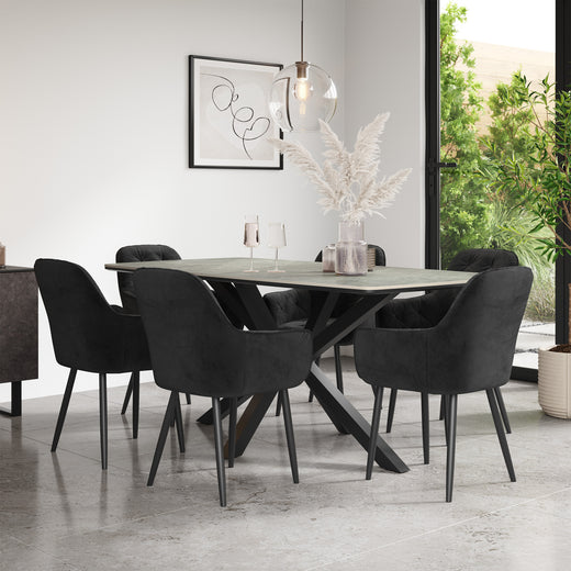 Juno Light Grey Tabletop W Black Legs + Anika Velvet Dining Chair Set