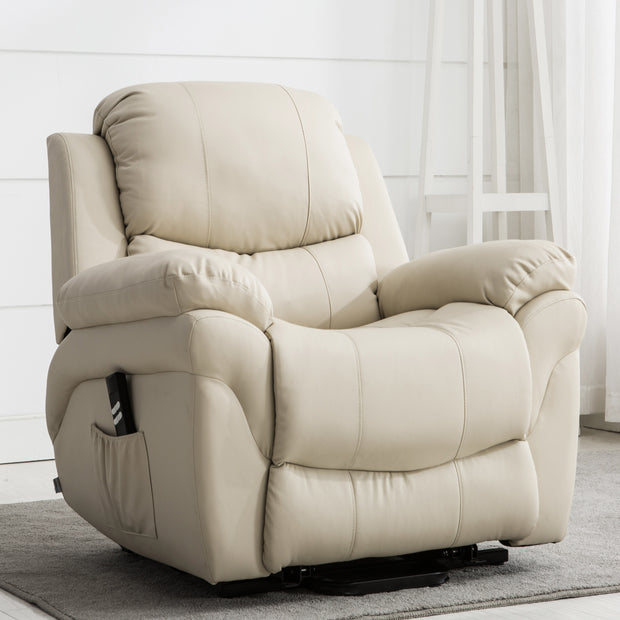 Cream-coloured leather electric recliner chair with plush armrests and a cushioned backrest, featuring subtle vertical stitching, set in a minimalist living room with a grey rug and soft natural lighting.