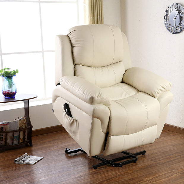 Cream leather rise recliner chair in a living room, featuring padded armrests, a cushioned backrest with subtle vertical stitching, and a side pocket. The chair is elevated, ready to assist with standing.