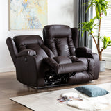 Dark brown leather two-seater electric recliner sofa with one seat fully reclined, featuring cushioned backrests and cupholders, set in a living room with wooden flooring, a white rug, and abstract wall art.