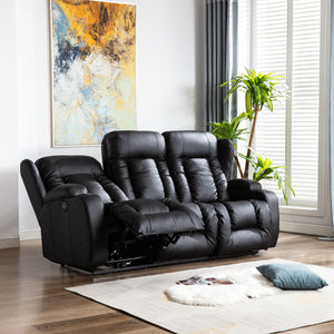 Black leather three-seater recliner sofa with one seat fully reclined, featuring cushioned backrests, cupholders, and vertical stitching, in a living room with wooden flooring and abstract wall art.