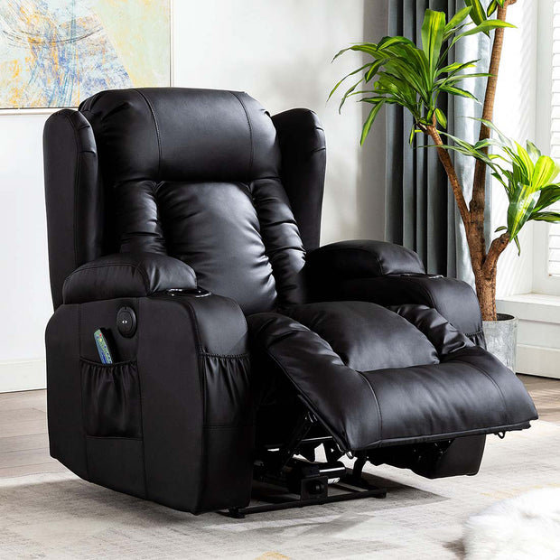 Black leather electric recliner with a cushioned backrest featuring detailed vertical stitching, front and side pockets, and cup holders. The chair is partially reclined.
