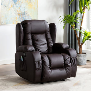Brown leather electric recliner with a cushioned backrest featuring vertical stitching, padded armrests, cup holders, and front and side pockets, set in a living room with an abstract painting hung on the wall above the chair. 