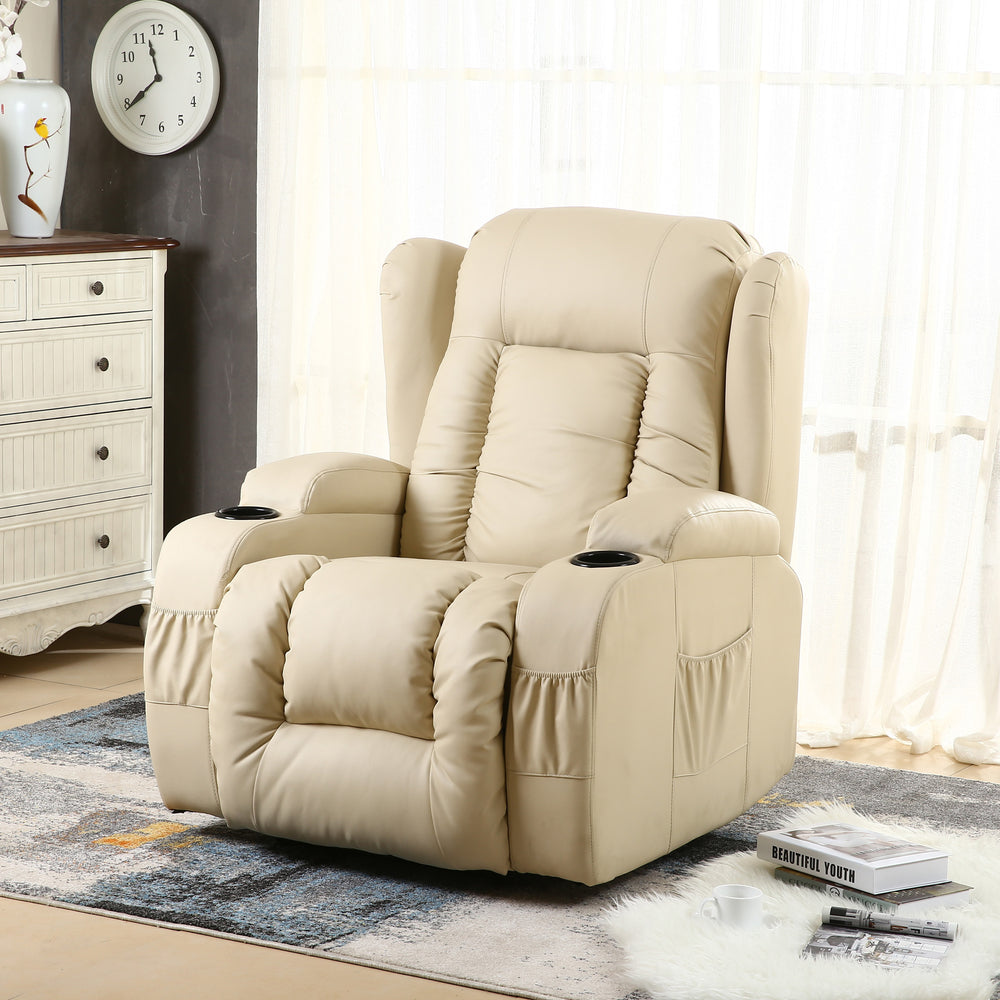 Cream leather rise recliner with vertical stitching on the backrest, padded armrests, cup holders, and front and side pockets, placed in a cosy living room setting with soft lighting and a patterned rug.