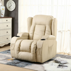 Cream leather rise recliner with vertical stitching on the backrest, padded armrests, cup holders, and front and side pockets, placed in a cosy living room setting with soft lighting and a patterned rug.