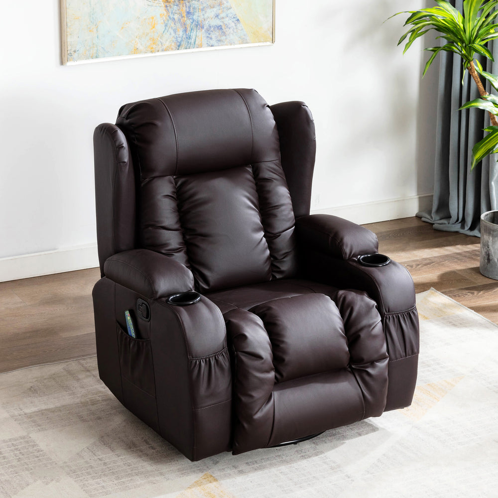Brown leather electric recliner with a cushioned backrest featuring vertical stitching, padded armrests, cup holders, and front and side pockets, set in a living room with an abstract painting hung on the wall above the chair. 