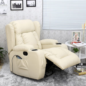 Cream leather rise recliner with vertical stitching on the backrest, padded armrests, cup holders, and front and side pockets, shown in a reclining position in a living room with a grey rug
