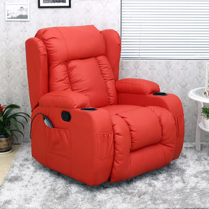 Red leather manual recliner with a cushioned backrest featuring vertical stitching, padded armrests, cup holders, and a single side pocket, set in a living room with a patterned wall and light grey rug.