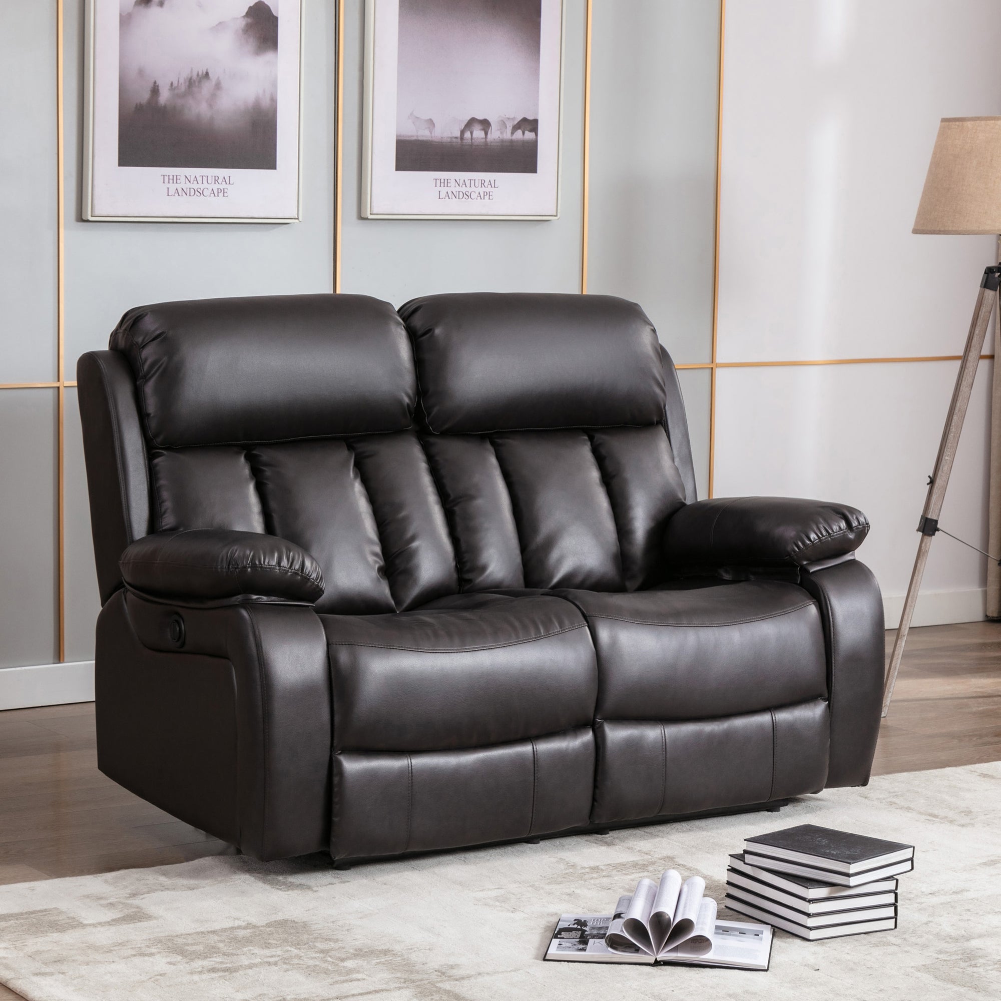 Dark brown leather two-seater electric recliner sofa with padded armrests and cushioned backrests featuring vertical stitching, placed on a light-coloured rug in a living room. Two photos hang above the sofa.