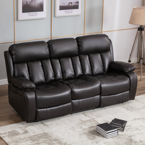 Dark brown leather three-seater recliner sofa with padded armrests and cushioned backrests featuring vertical stitching, placed on a light-coloured rug in a living room.
