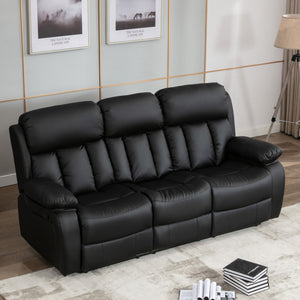 Black leather three-seater manual recliner sofa with padded armrests and cushioned backrests featuring vertical stitching, placed on a light-coloured rug in a living room. Two photos hang above the sofa.