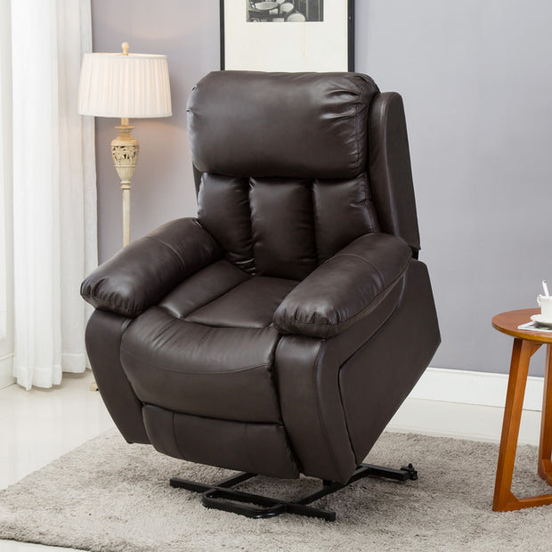 Brown leather rise recliner, featuring padded armrests and a cushioned backrest with vertical stitching details, set in a living room.