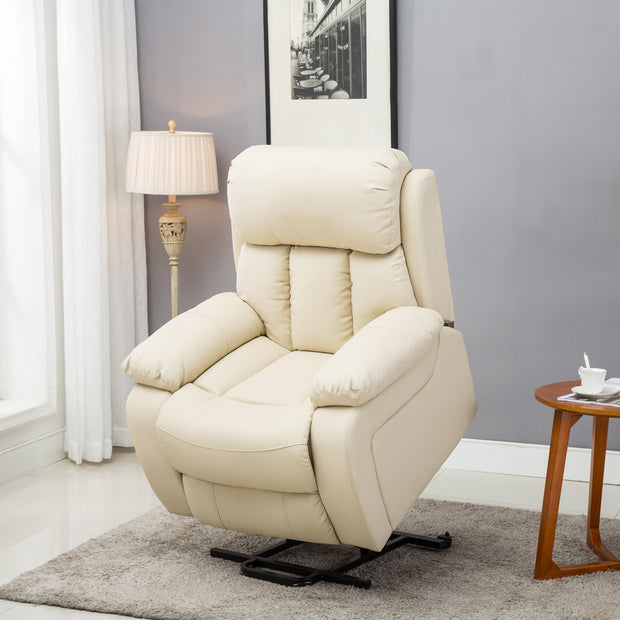 Cream-coloured leather rise recliner, featuring padded armrests and a cushioned backrest with vertical stitching details, set in a living room.