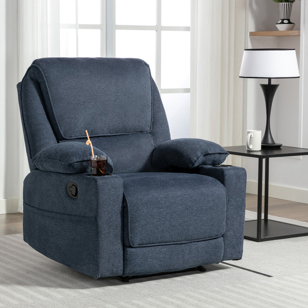 Blue fabric manual recliner chair with padded armrests, set on a light-coloured rug in a modern living room near a black side table.