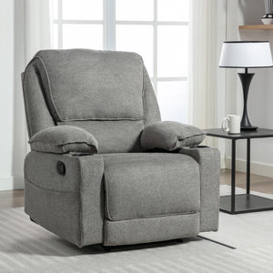 Grey fabric manual recliner chair with padded armrests, set on a light-coloured rug in a modern living room near a black side table.