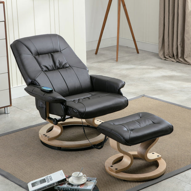 Black leather push-back recliner chair with matching footstool, both featuring wooden bases, placed on a beige rug in a light-toned living room.