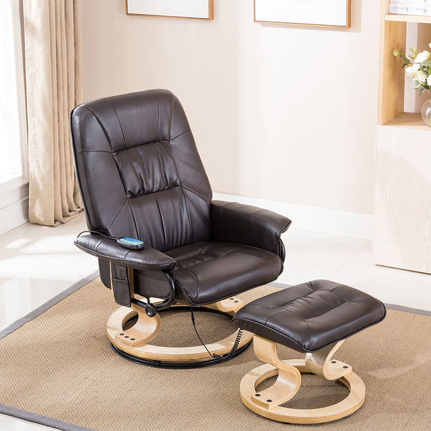 Dark brown leather push-back recliner chair with matching footstool, both featuring wooden bases, placed on a beige rug in a light-toned living room.