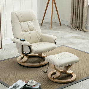 Cream leather push-back recliner chair with matching footstool, featuring wooden bases, placed on a beige rug in a living room setting with a tripod lamp.