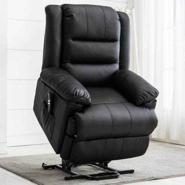 Black leather rise recliner chair with padded armrests and a side pocket, set on a grey rug against a white wall.