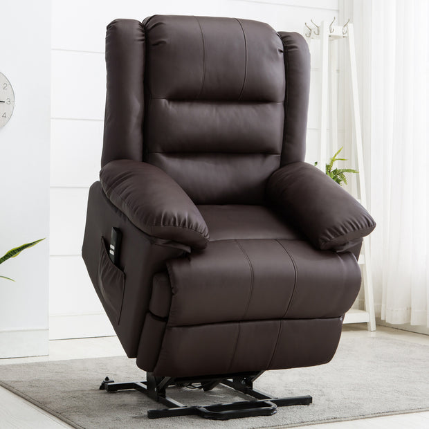 Brown leather rise recliner chair with padded armrests and a side pocket, set on a grey rug against a white wall.