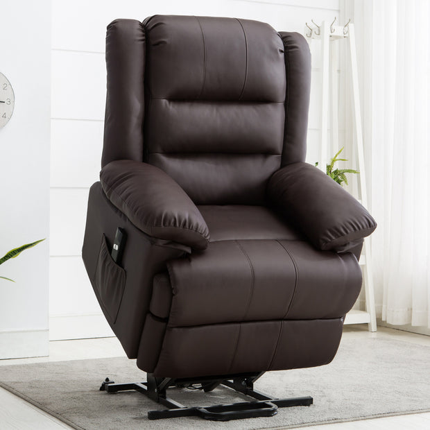 Brown leather rise recliner chair with padded armrests and a side pocket, set on a grey rug against a white wall.