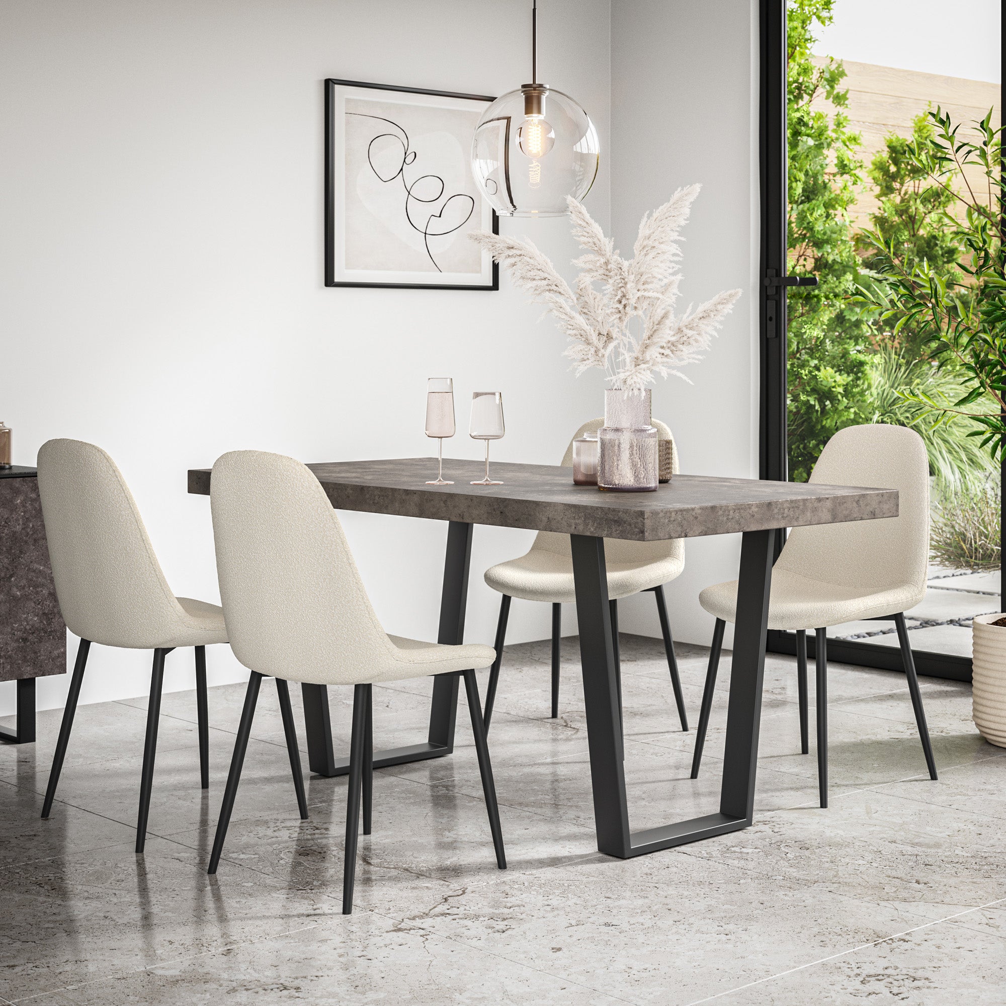Aria Dining Table And Chairs -  Concrete Effect Table Top w Black Legs + Maya Boucle Dining Chair Set of 4/6