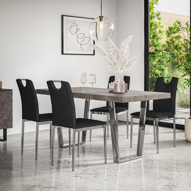 Aria Dining Table And Chairs -  Concrete Effect Table Top w Chrome Legs + Monza Dining Chair w Chrome Legs Set of 4/6
