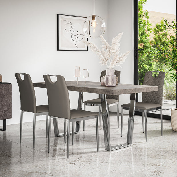 Aria Dining Table And Chairs -  Concrete Effect Table Top w Chrome Legs + Monza Dining Chair w Chrome Legs Set of 4/6