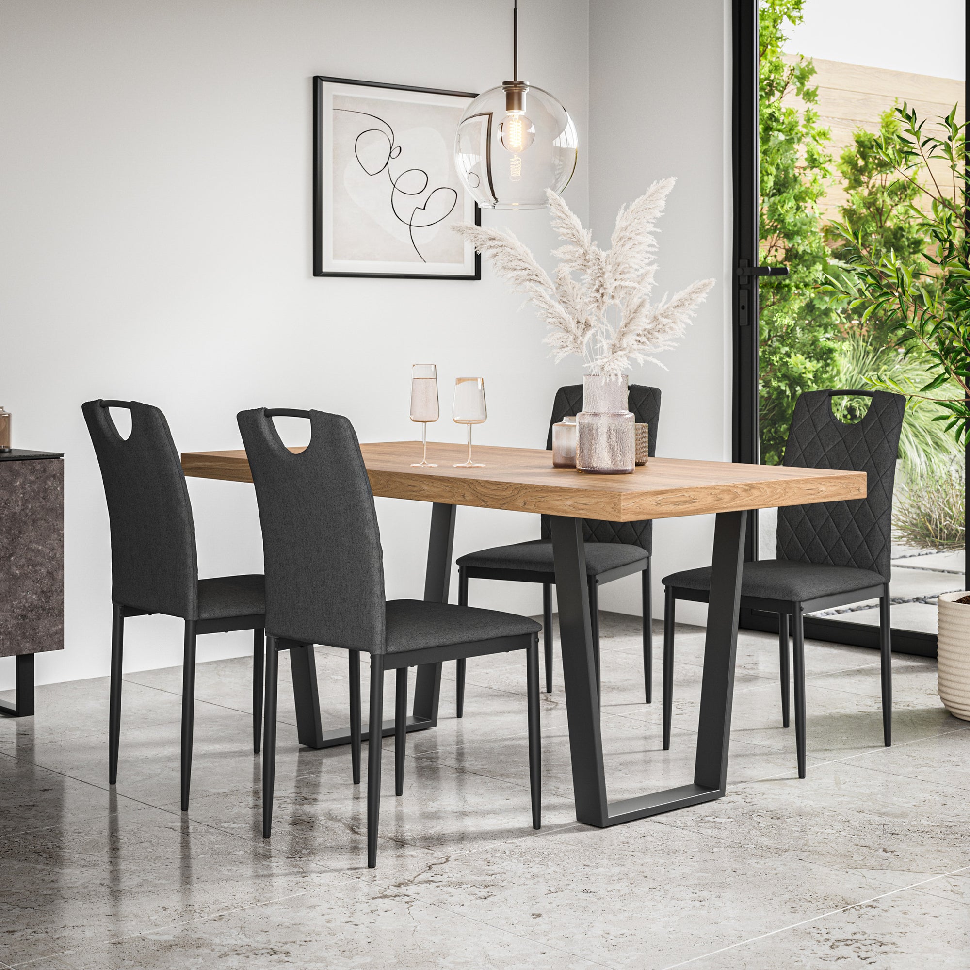 Aria Dining Table And Chairs - Oak Effect Table Top w Black Legs + Monza Dining Chair Set of 4/6