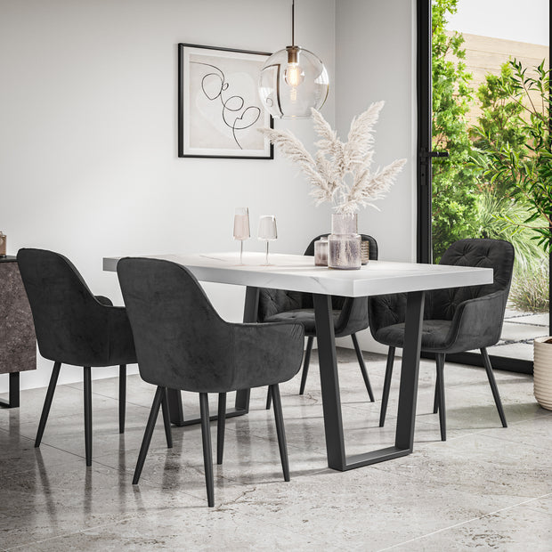 Aria Dining Table And Chairs - White Marble Effect Table Top w Black Legs + Anika Dining Chair Set of 4/6