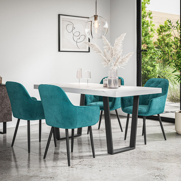Aria Dining Table And Chairs - White Marble Effect Table Top w Black Legs + Anika Dining Chair Set of 4/6