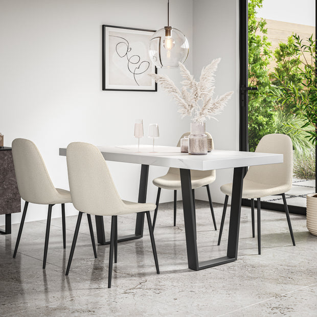 Aria Dining Table And Chairs -  White Marble Effect Table Top w Black Legs + Maya Boucle Dining Chair Set of 4/6