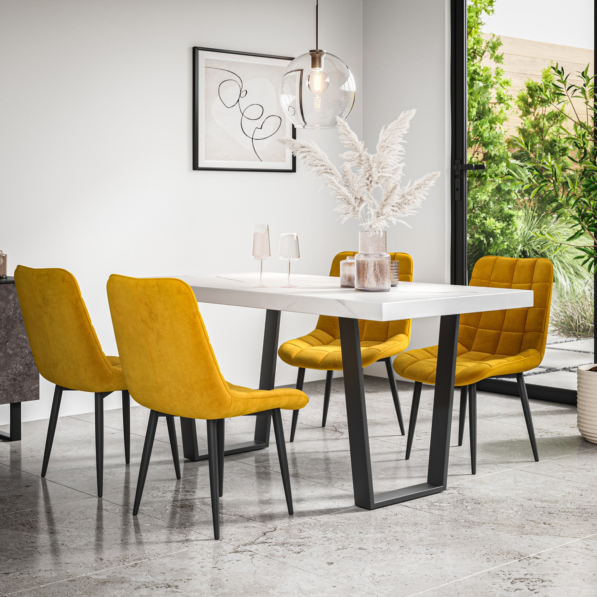 Aria Dining Table And Chairs -  White Marble Effect Table Top w Black Legs + Nova Dining Chair Set of 4/6