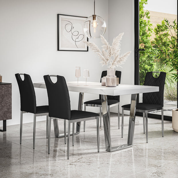 Aria Dining Table And Chairs -  White Marble Effect Table Top w Chrome Legs + Monza Dining Chair w Chrome Legs Set of 4/6