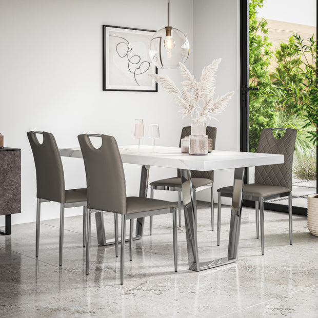 Aria Dining Table And Chairs -  White Marble Effect Table Top w Chrome Legs + Monza Dining Chair w Chrome Legs Set of 4/6