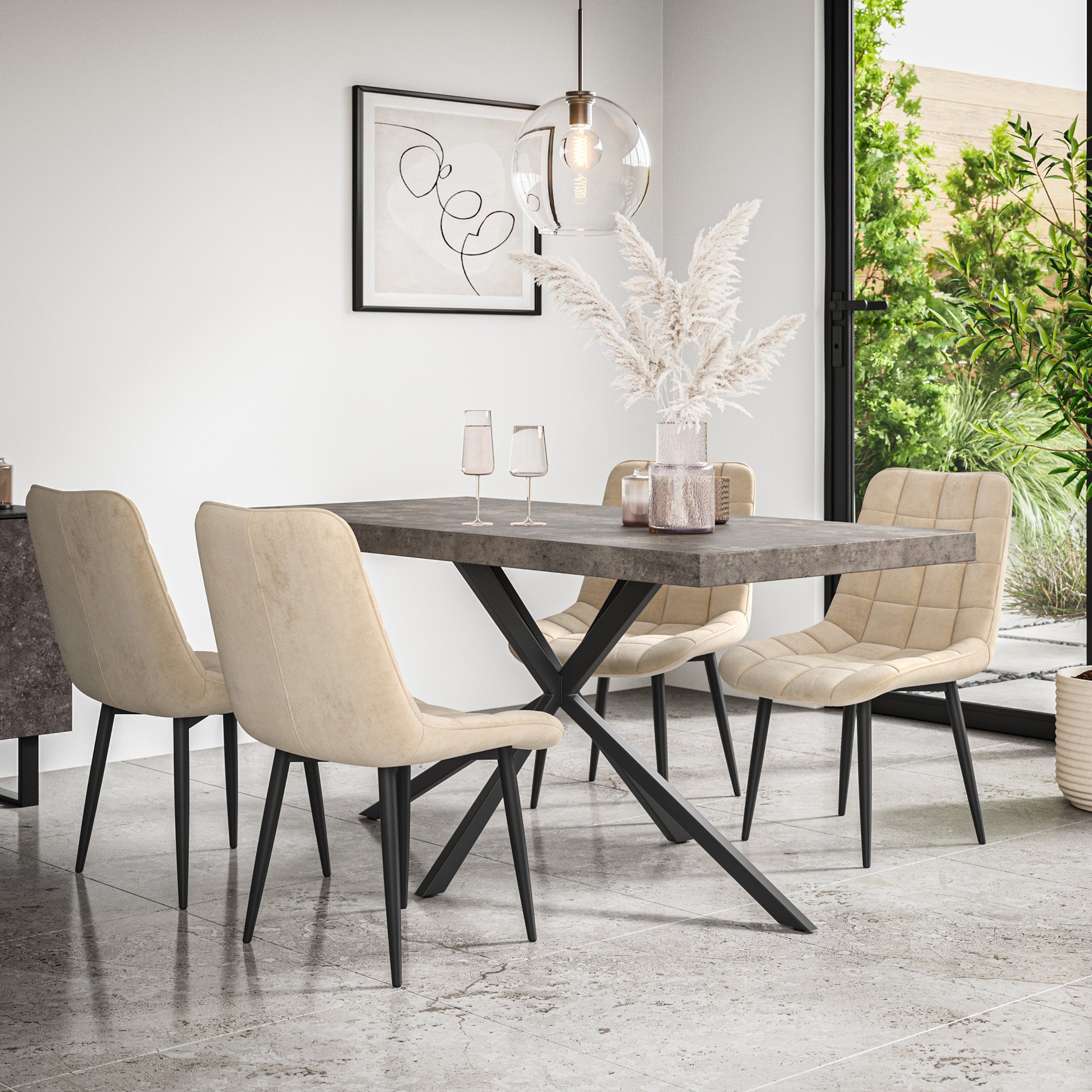 Donni Dining Table And Chairs -  Grey Table Top w Black Legs + Nova Dining Chair Set of 4/6