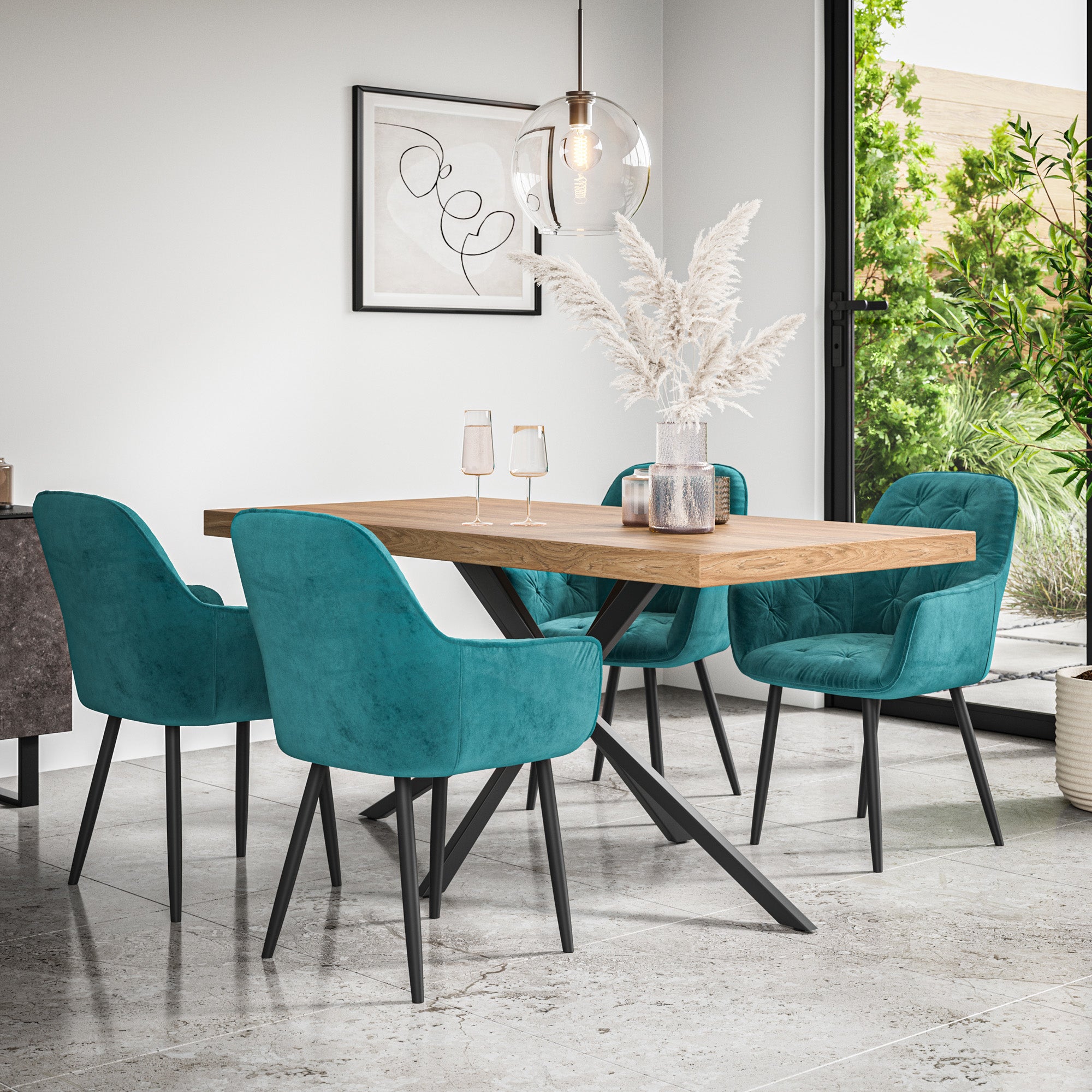 Donni Dining Table And Chairs -  Oak Effect Table Top w Black Legs + Anika Dining Chair Set of 4/6