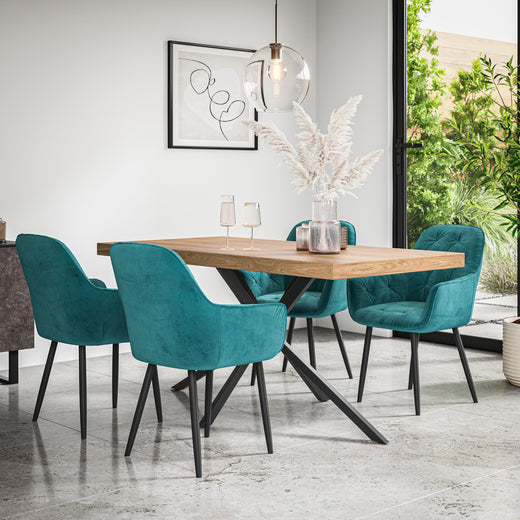 Donni Dining Table And Chairs -  Oak Effect Table Top w Black Legs + Anika Dining Chair Set of 4/6