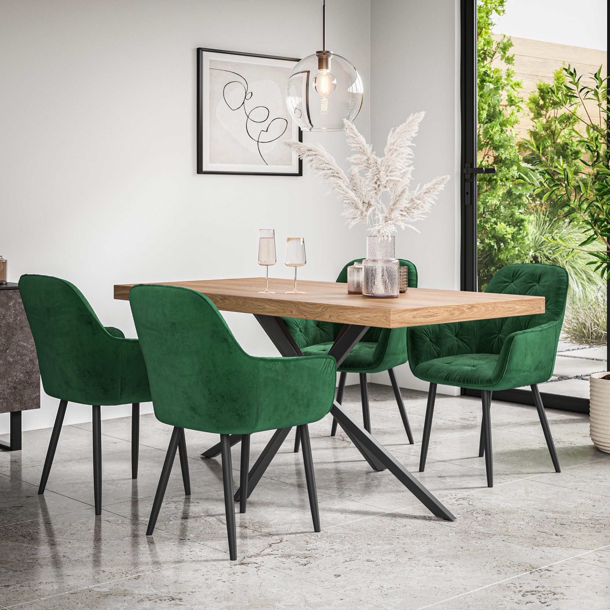 Donni Dining Table And Chairs -  Oak Effect Table Top w Black Legs + Anika Dining Chair Set of 4/6