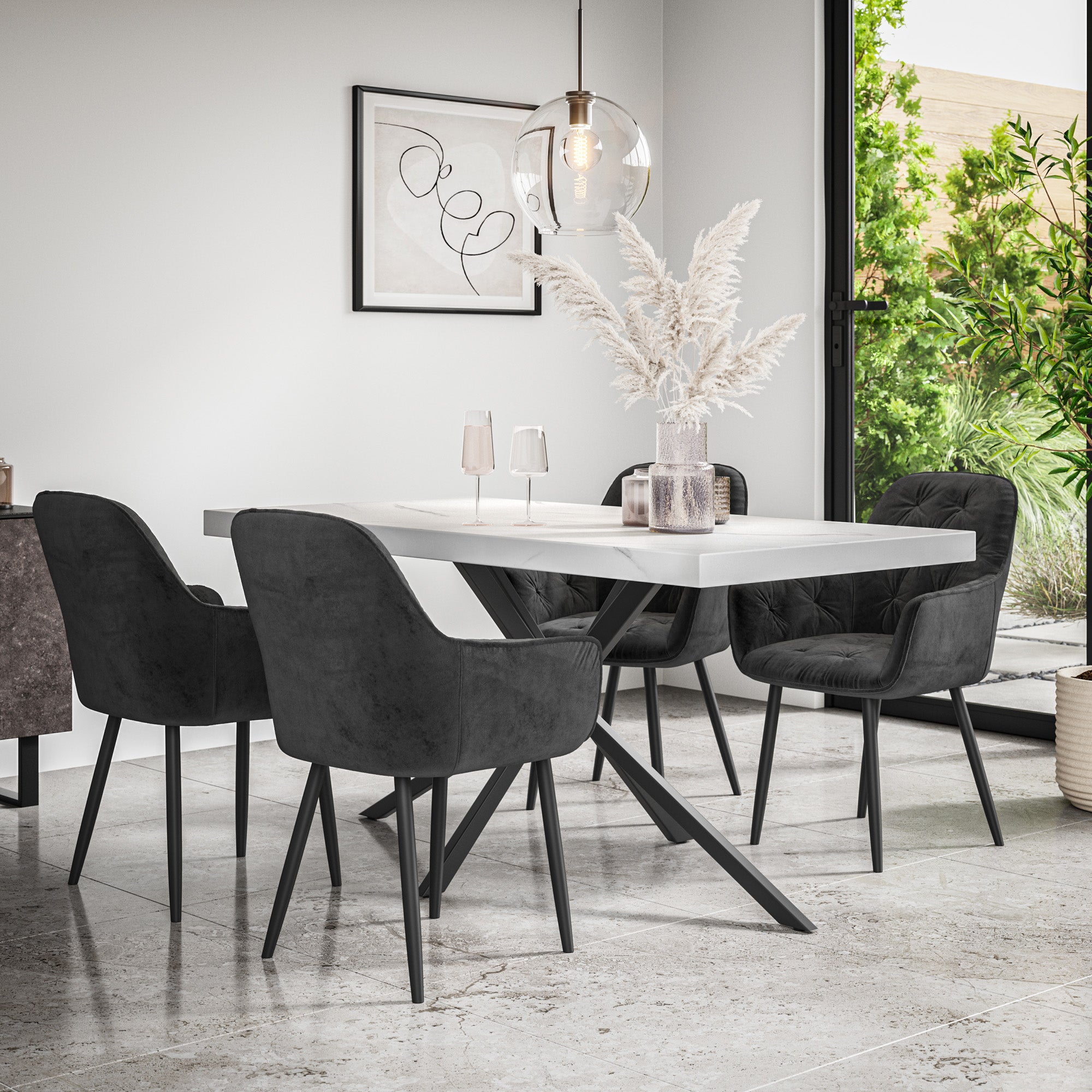 Donni Dining Table And Chairs -  White Marble Effect Table Top w Black Legs + Anika Dining Chair Set of 4/6