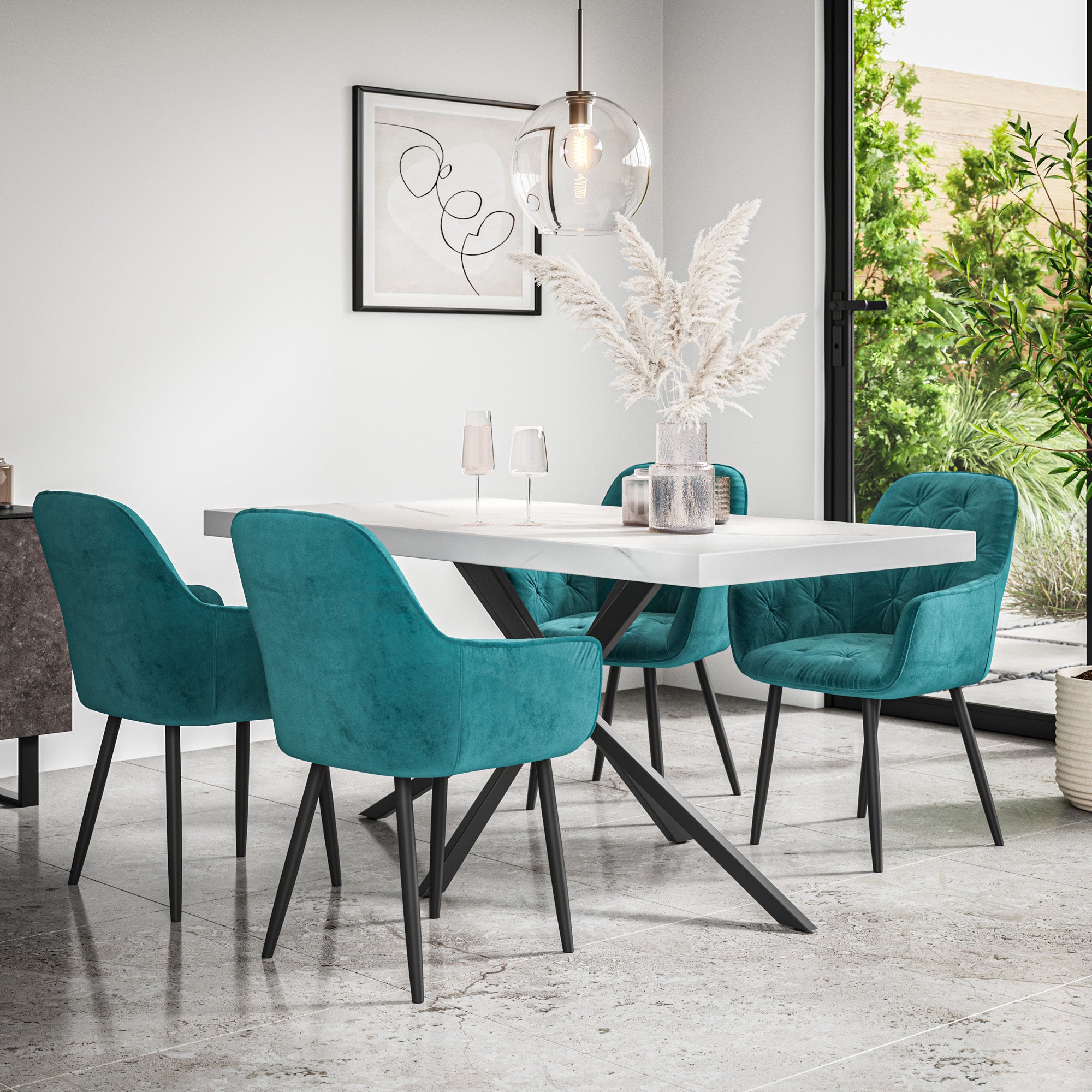 Donni Dining Table And Chairs -  White Marble Effect Table Top w Black Legs + Anika Dining Chair Set of 4/6