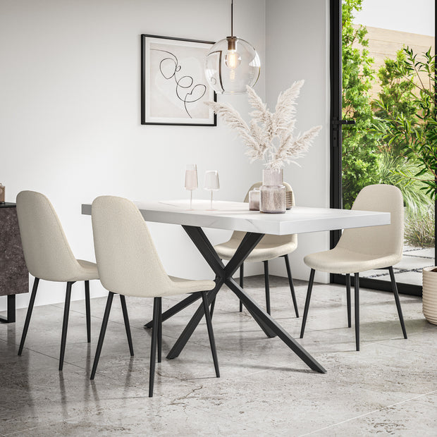 Donni Dining Table And Chairs -  White Marble Effect Table Top w Black Legs + Maya Boucle Dining Chair Set of 4/6